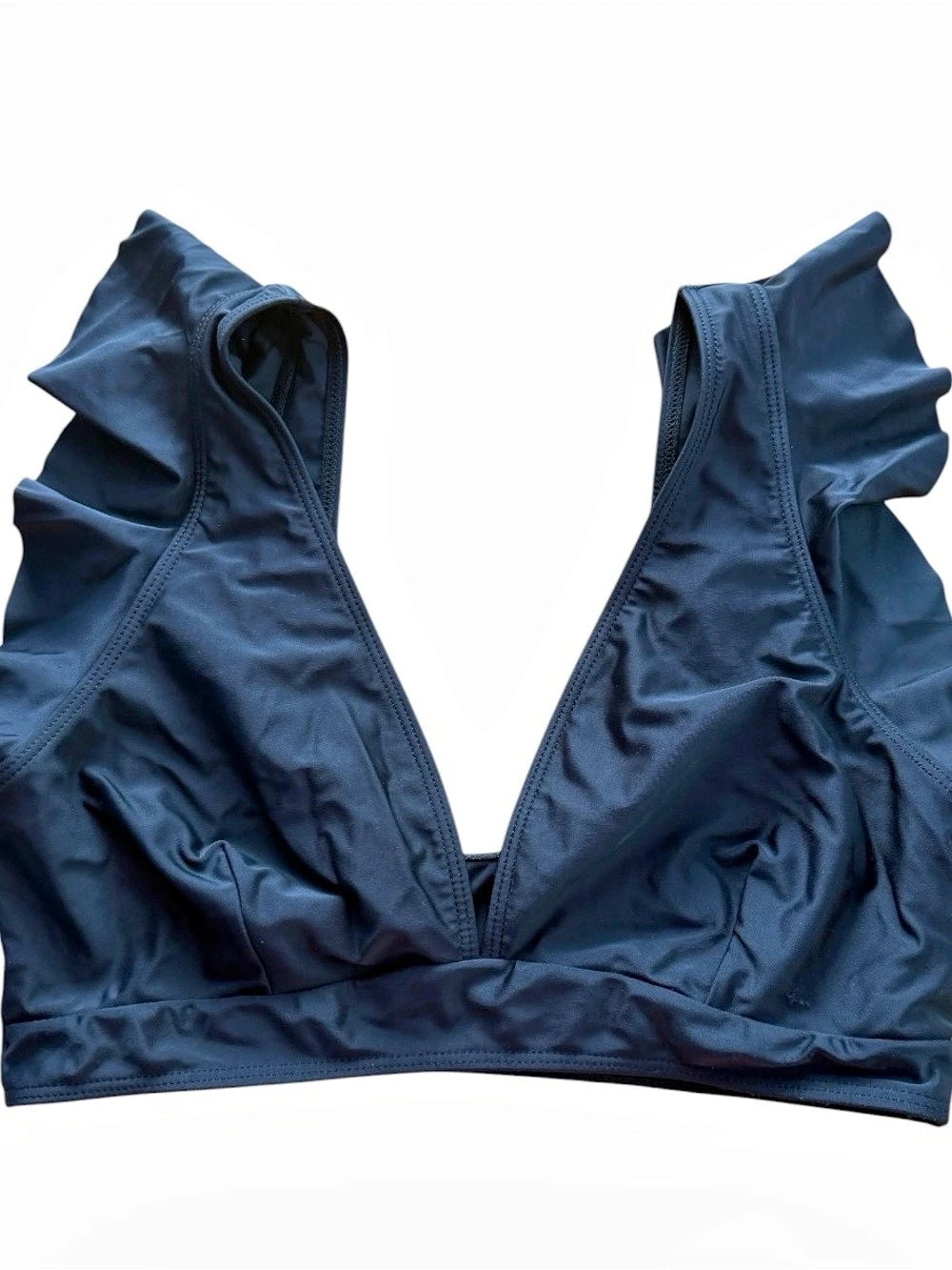 Black Ruffle Strap V-Neck Bikini Top Size Medium Deep Plunge Swimsuit